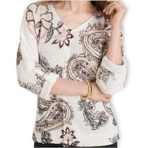 Chico's Blush Pink Paisley Sweater Sz 3 (XL) 3/4 Roll Tab Sleeve Romantic Cotton